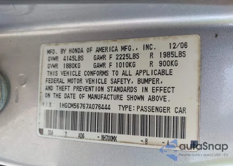 2007 Honda Accord 2.4 Ex from USA, damaged, VIN 1HGCM56767A076444
